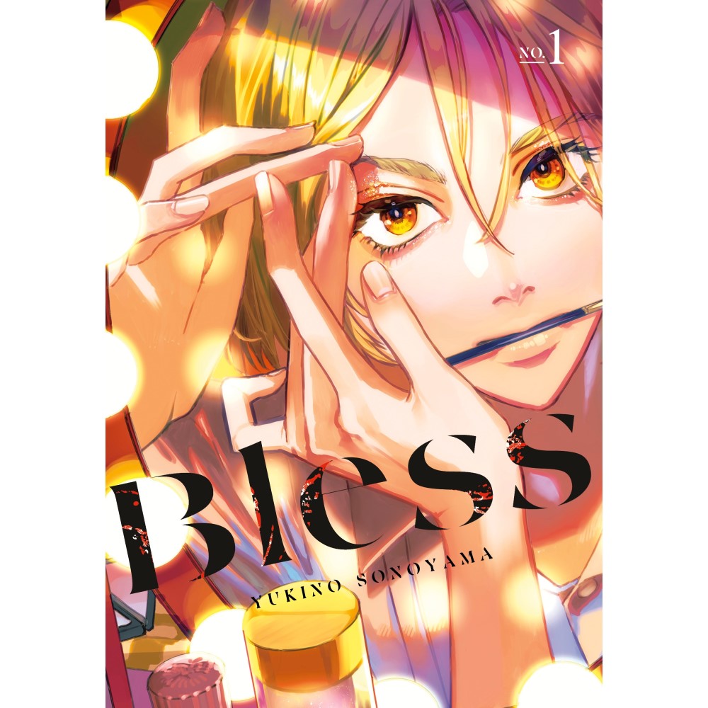 Cover for 'Bless No. 1': A blonde person with sparkling gold eye makeup holds a brush in their mouth, hands near face