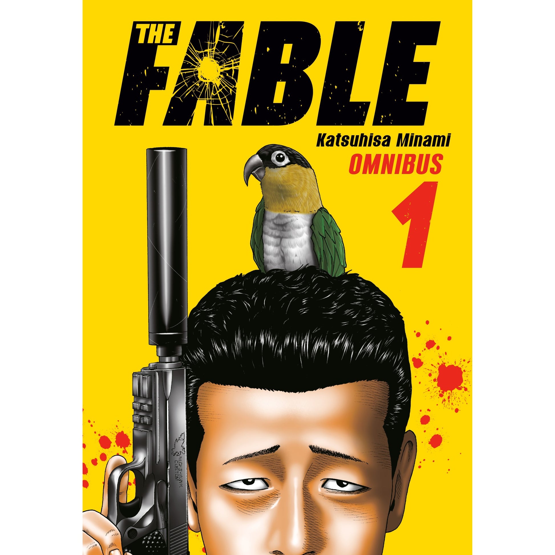 A yellow book cover for The Fable Omnibus 1 shows a man holding a silenced pistol, a parrot on his head, and shattered text with red blood splatters