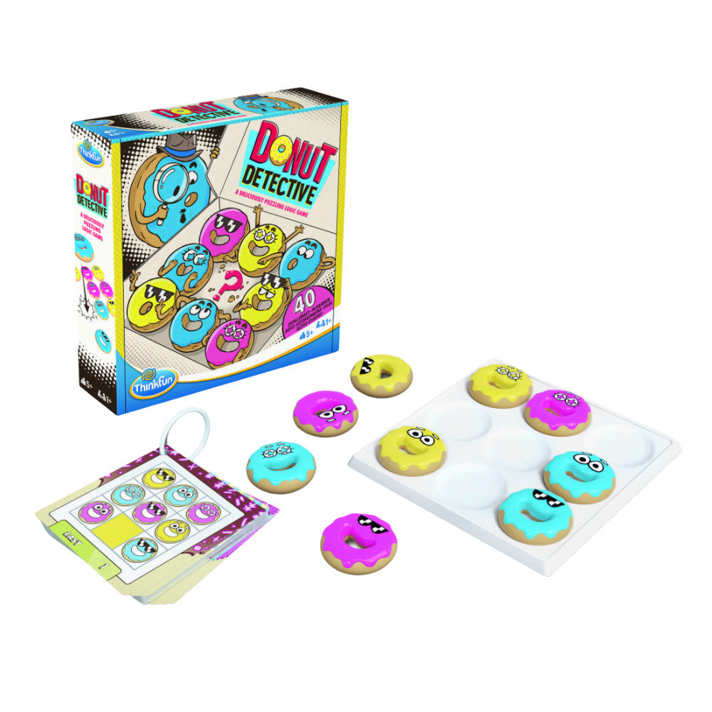 Thinkfun Donut Detective logic game box and components: colourful donut playing pieces, white grid tray, and challenge cards