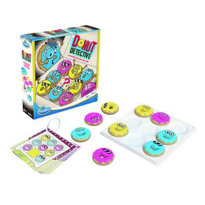 Thinkfun Donut Detective logic game box and components: colourful donut playing pieces, white grid tray, and challenge cards