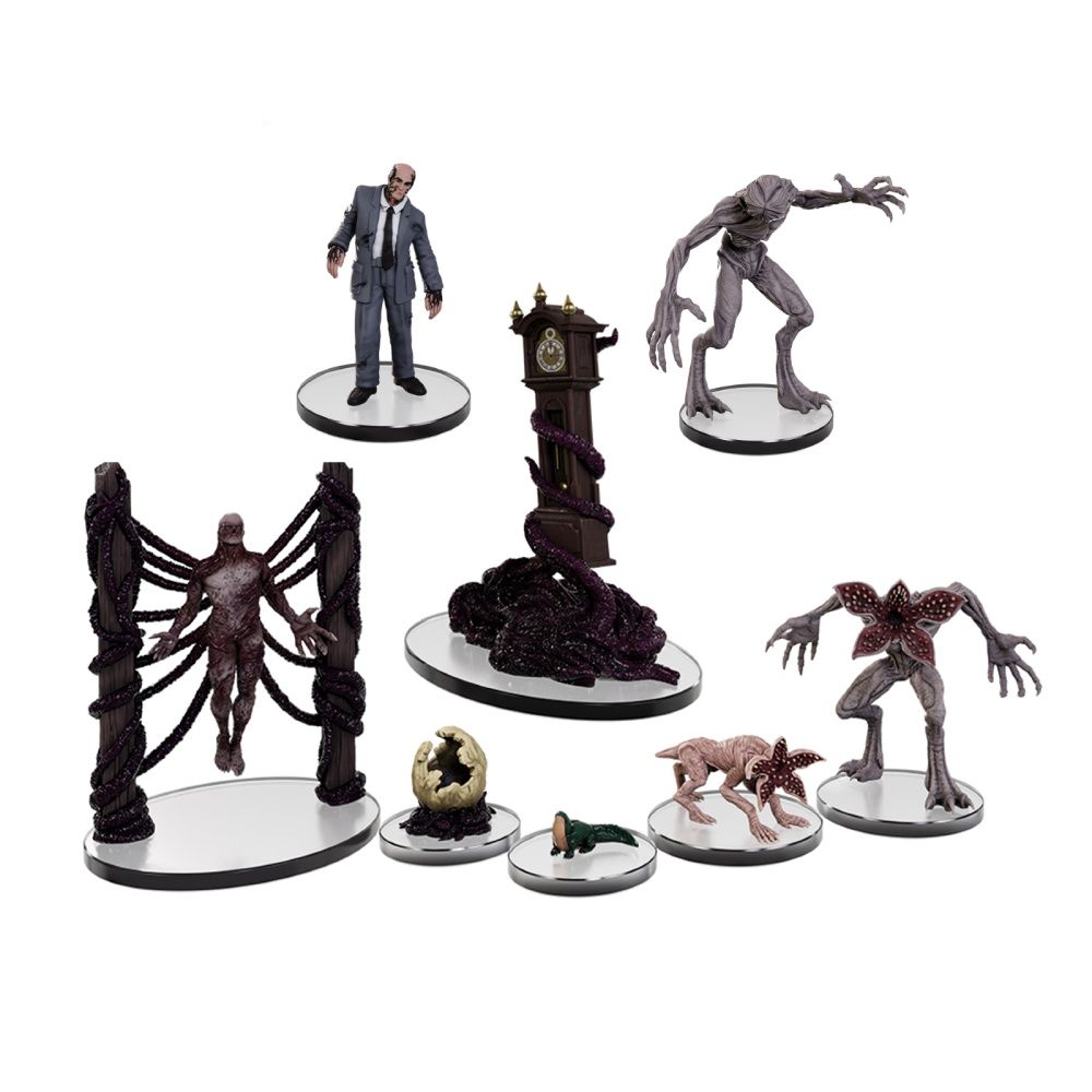 Collection of nine fantasy action figures, including Vecna, Demogorgons, and a grandfather clock wrapped in vines