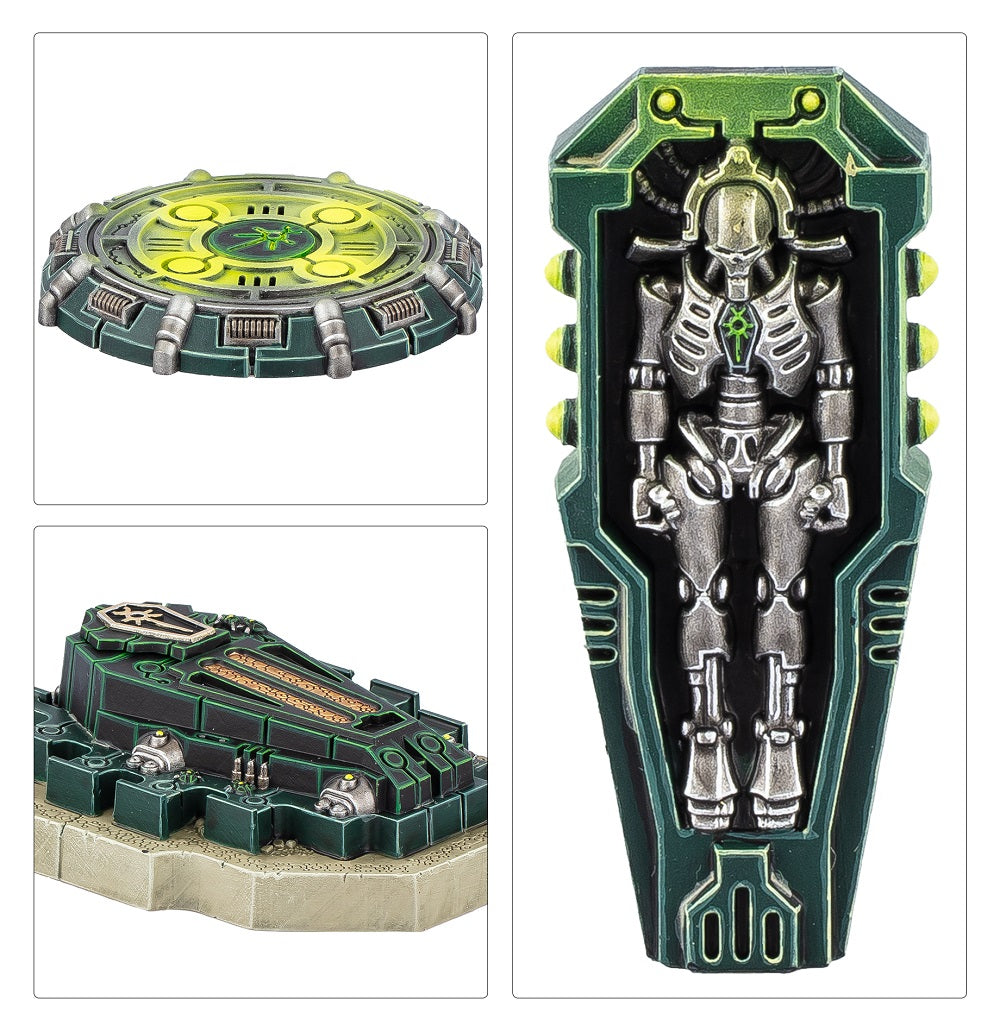 Miniature Necron robot in a green stasis sarcophagus, with views of the container closed and an energy pad