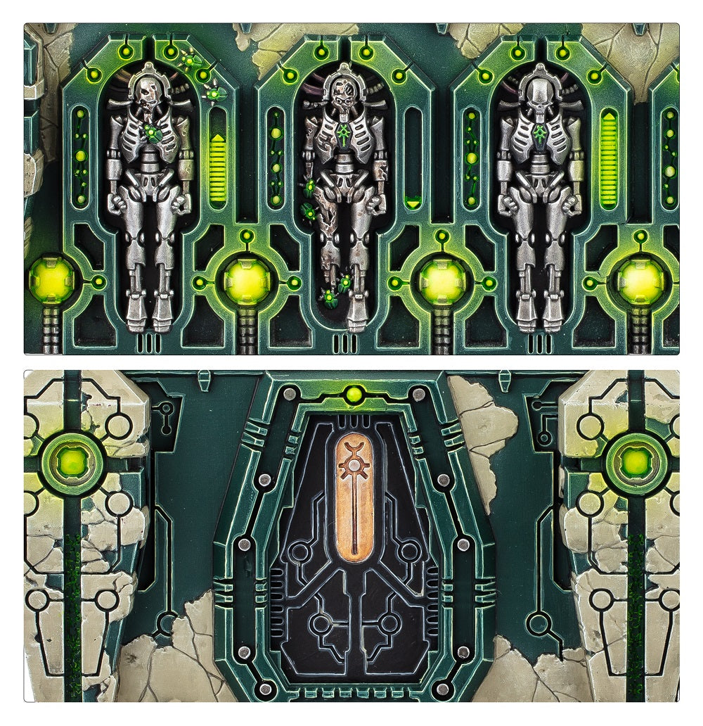 Detailed Necron sci-fi terrain featuring three skeletal figures in glowing green stasis pods and an armored door