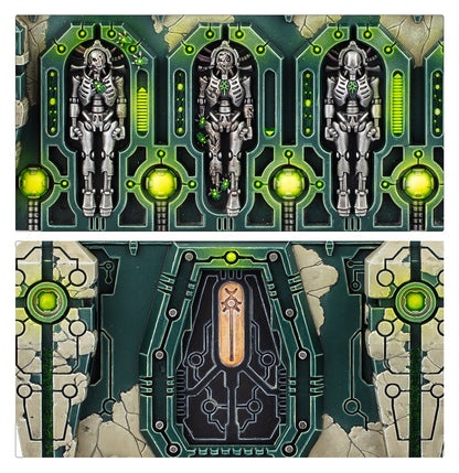 Detailed Necron sci-fi terrain featuring three skeletal figures in glowing green stasis pods and an armored door