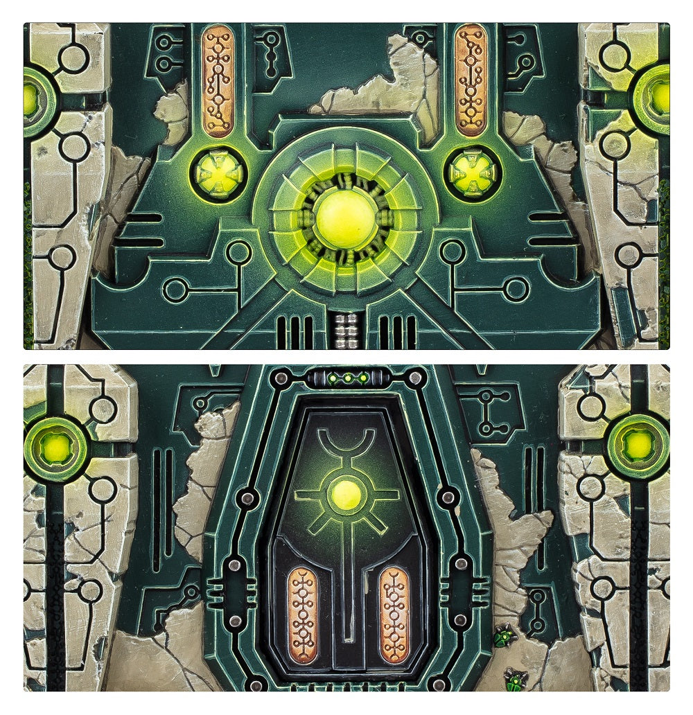 Macro photo of Necron terrain featuring glowing green sci-fi panels, bronze glyphs, and cracked stone ruins