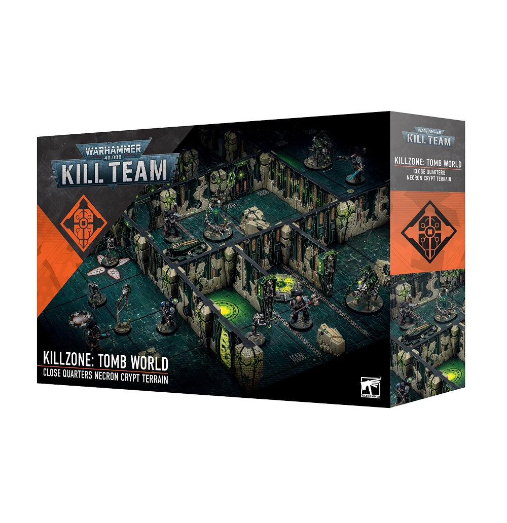 Kill Team: Tomb World box displaying modular Necron crypt terrain and miniatures set up for close-quarters skirmish