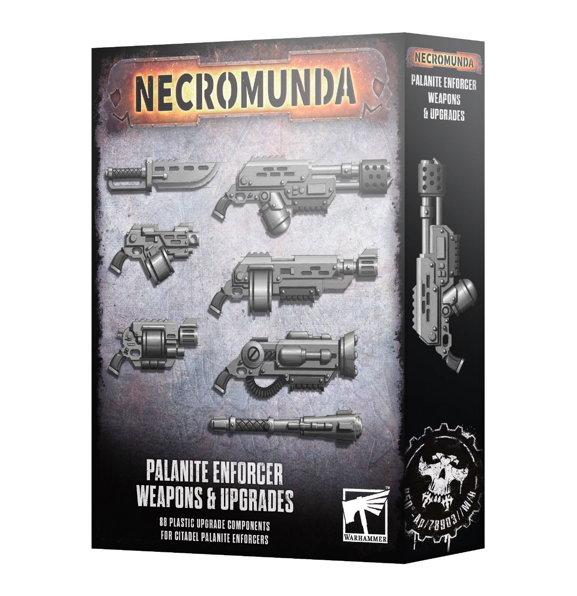 Necromunda Palanite Enforcer Weapons & Upgrades box displaying eight sci-fi weapon illustrations