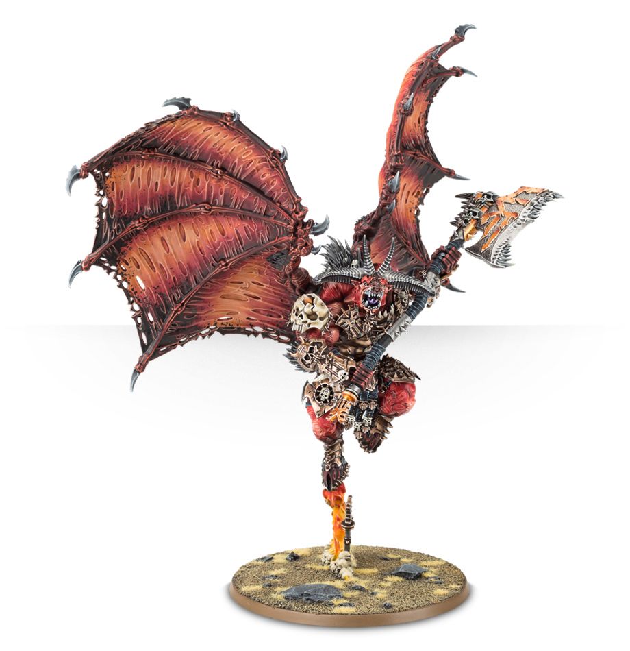 A Blades of Khorne Bloodthirster miniature, a horned demon with large red wings and an axe, standing on a burning base