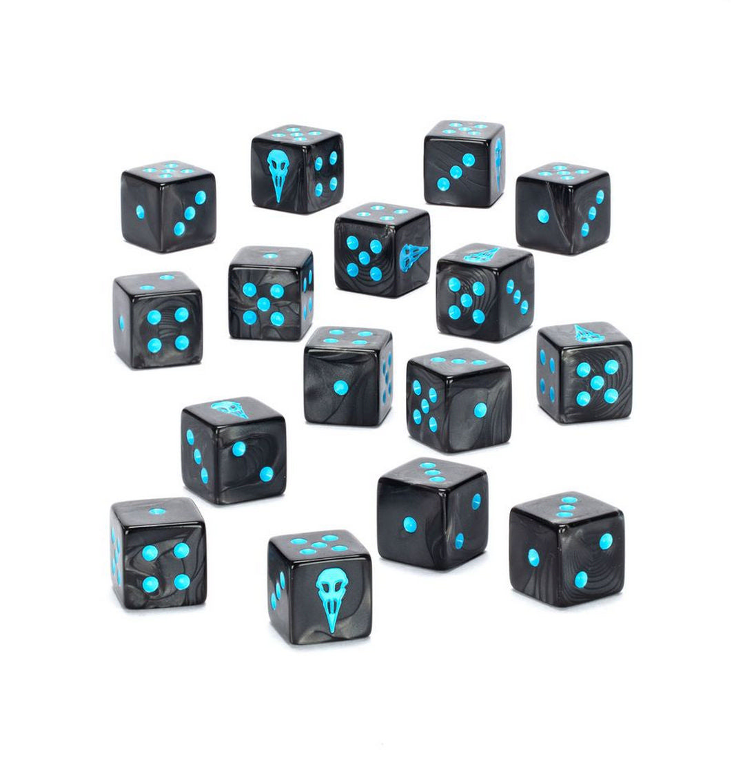 A cluster of dark marbled six-sided dice with bright blue pips and crow skull designs on a white surface