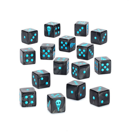 A cluster of dark marbled six-sided dice with bright blue pips and crow skull designs on a white surface