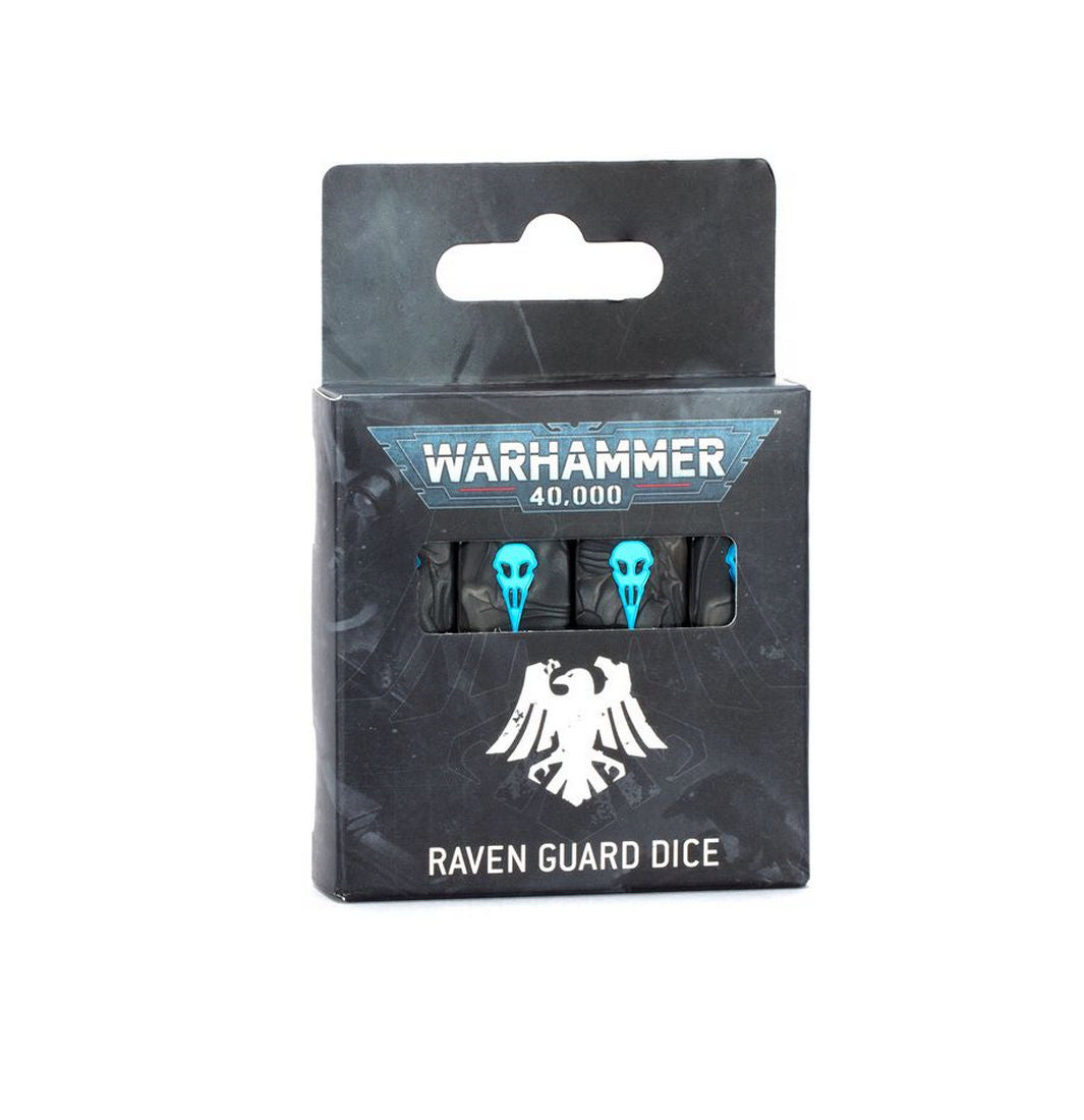Black box containing Warhammer 40,000 Raven Guard dice, black dice feature bright blue raven skull markings