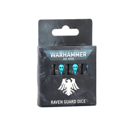 Black box containing Warhammer 40,000 Raven Guard dice, black dice feature bright blue raven skull markings