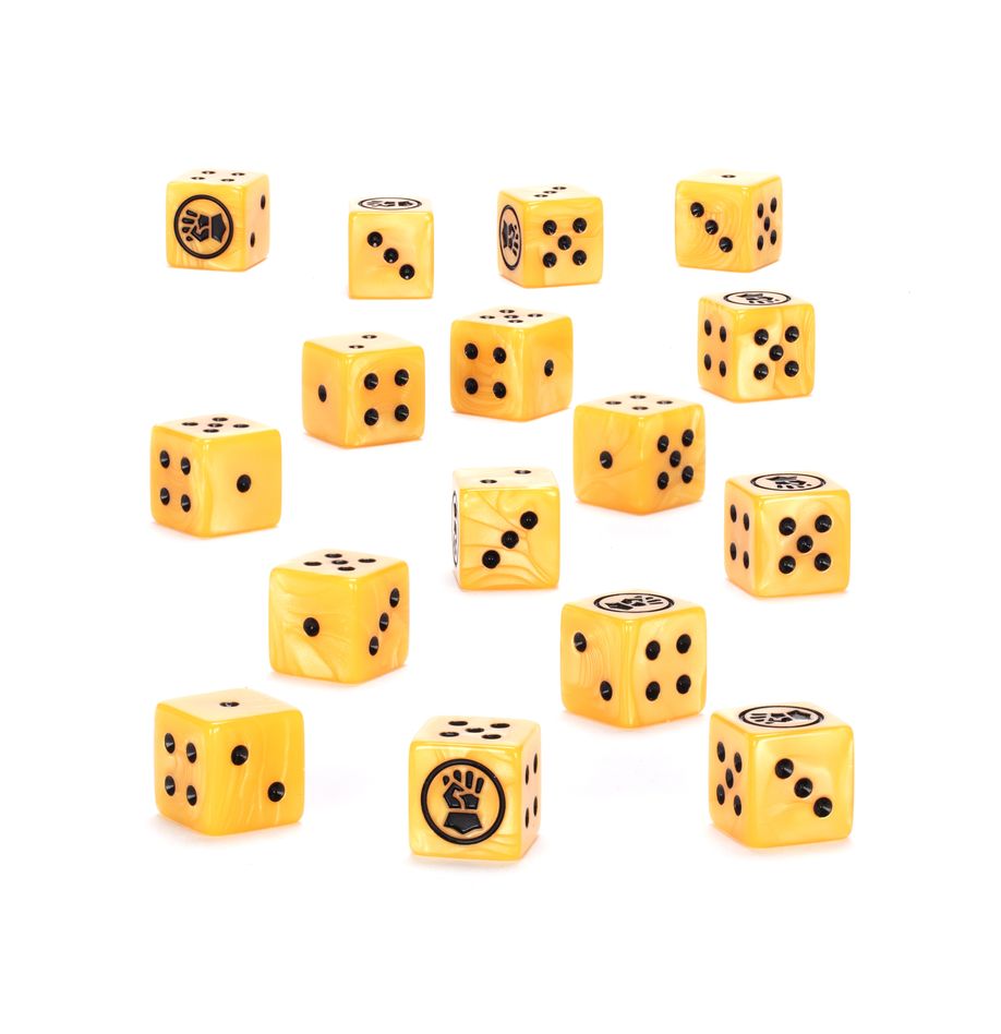 Sixteen yellow mottled d6 dice scattered, faces show black pips or a stylized fist symbol in a circle