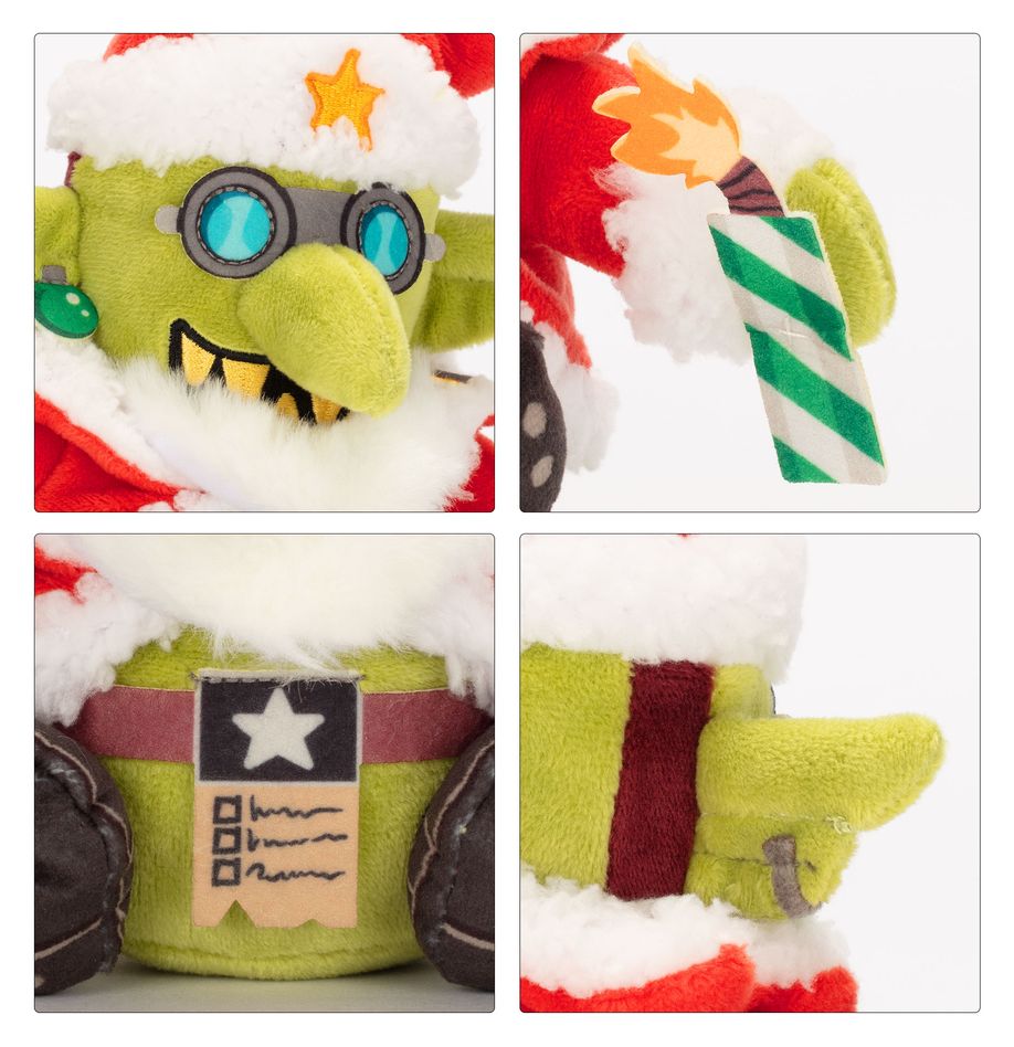 Detailed views of a green goblin plush toy wearing a Santa hat and goggles, holding a lit striped firecracker