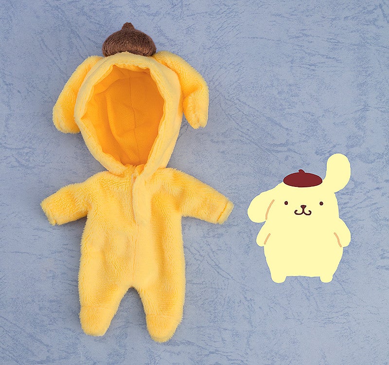 Yellow fluffy doll outfit with hood next to a graphic of a yellow wearing a red beret