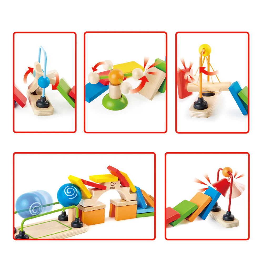 Five close-ups of colorful wooden domino and motion toys triggering chain reactions