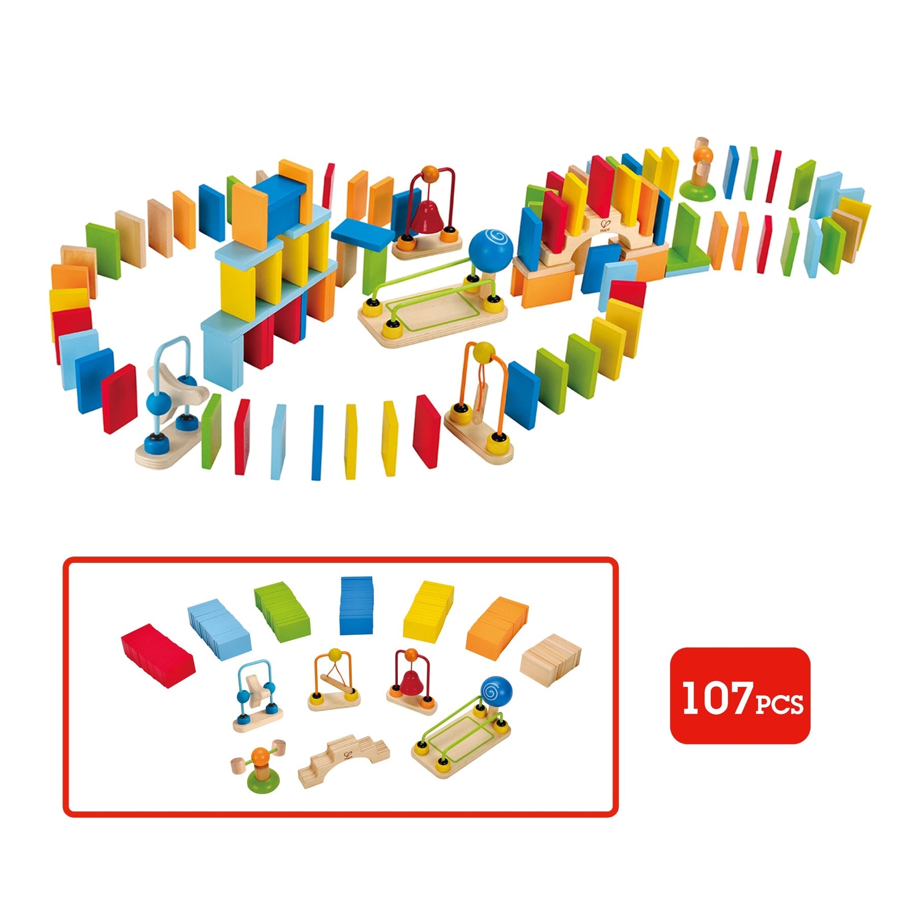 Colorful wooden domino chain reaction path with blocks, bridges, and kinetic action components