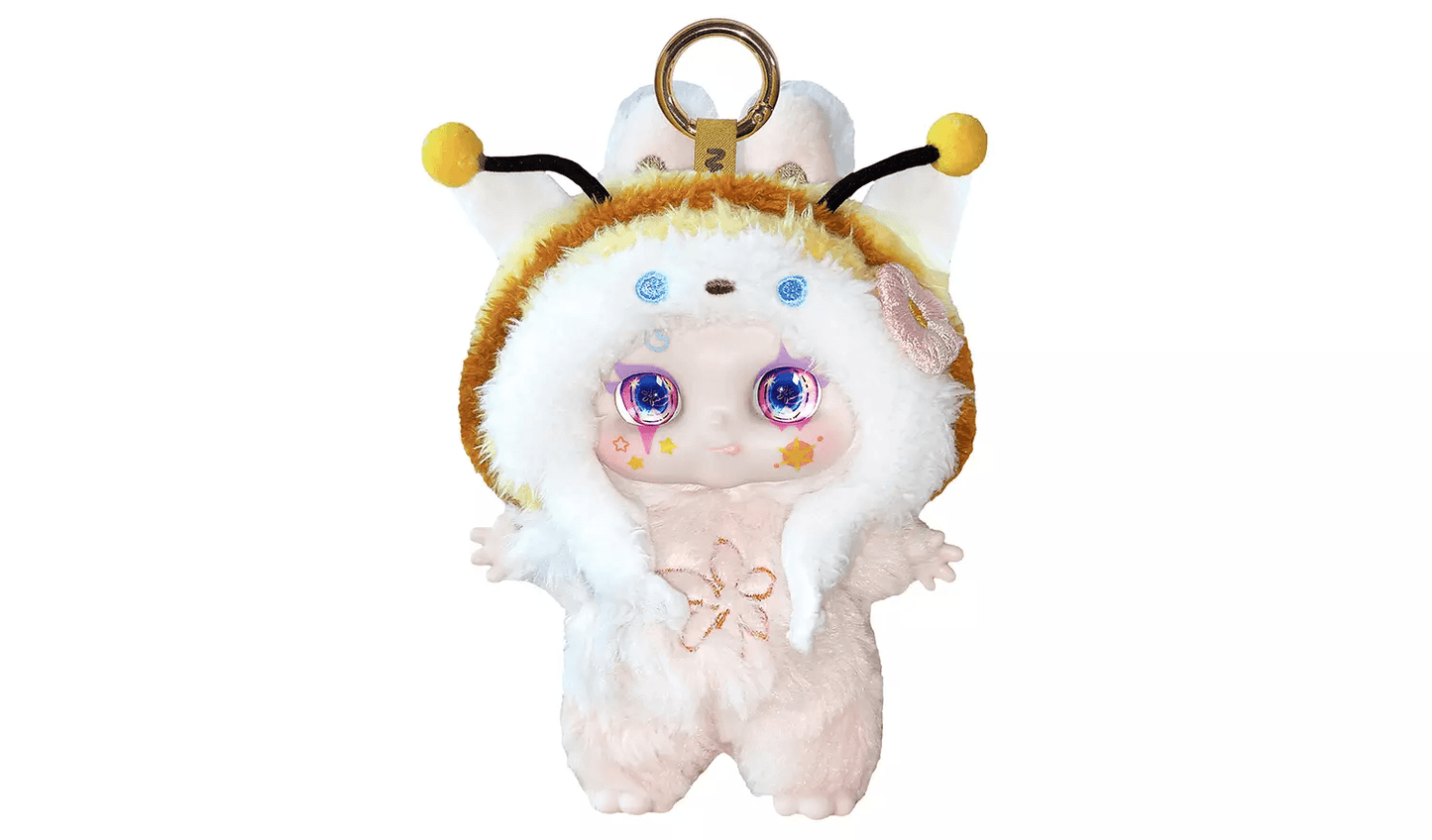 Plush fuzzy doll keychain in a white and brown insect-themed costume with yellow antennae and large blue glitter eyes