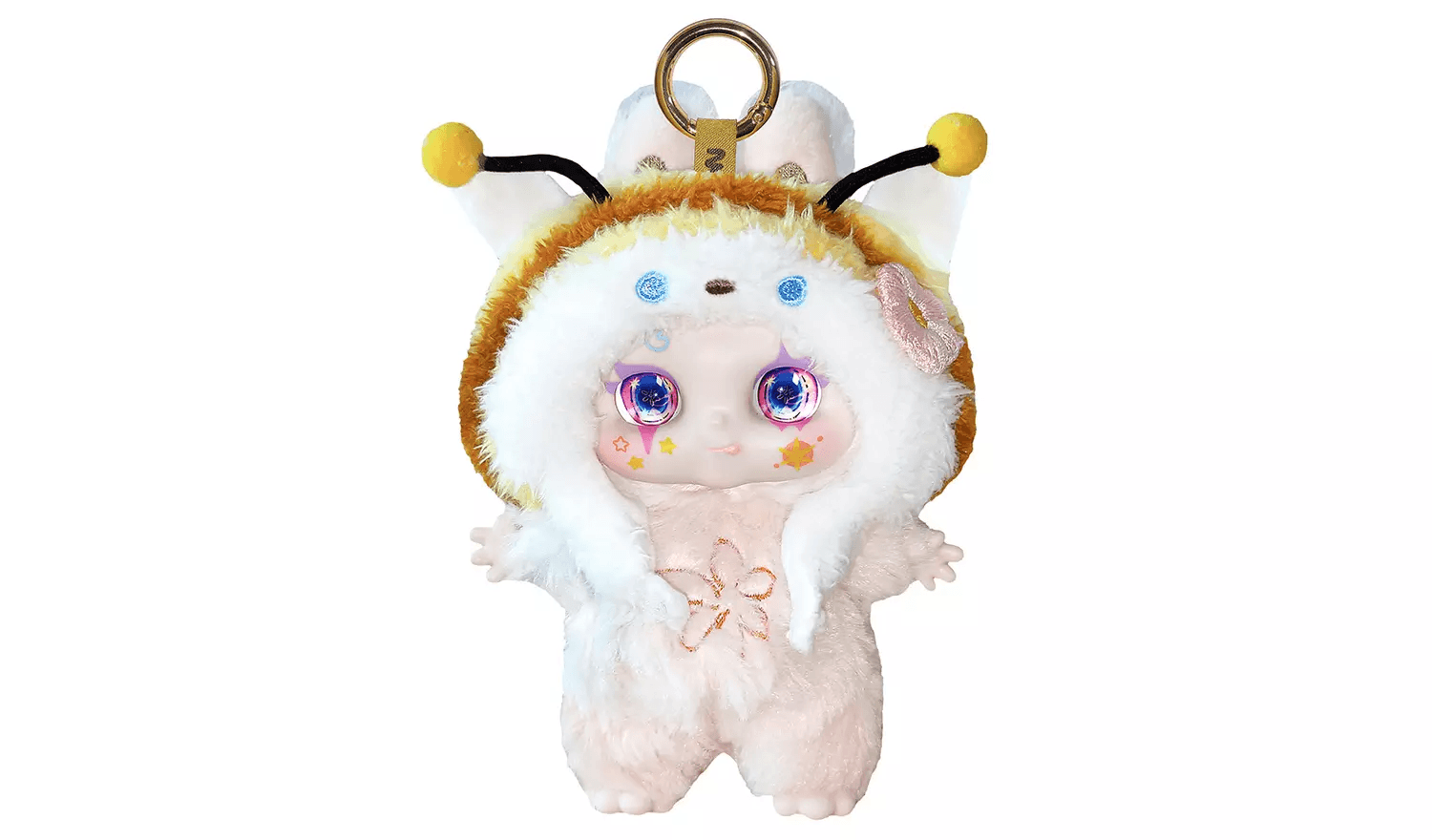 Plush fuzzy doll keychain in a white and brown insect-themed costume with yellow antennae and large blue glitter eyes