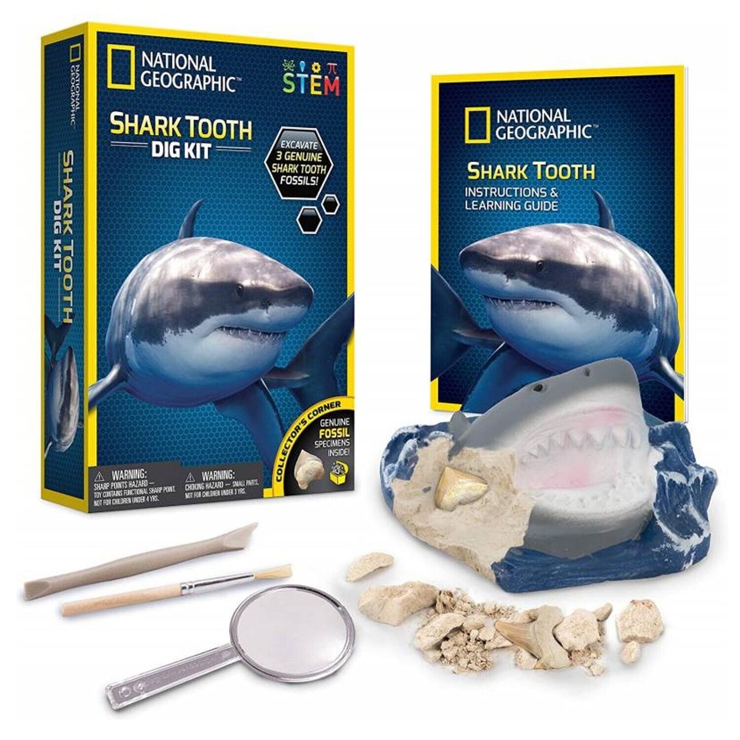 National Geographic Shark Tooth Dig Kit showing the box, tools, and excavated genuine shark fossil teeth from a plaster block