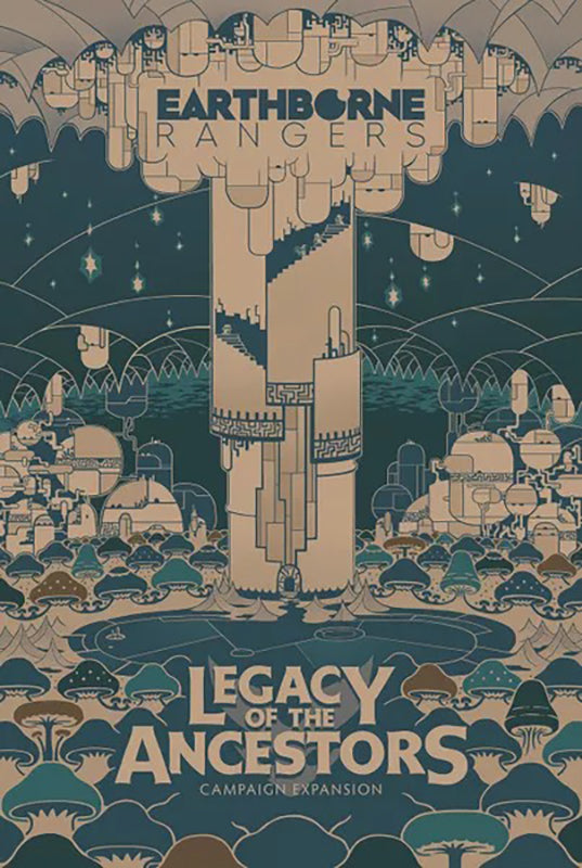 Earthborne Rangers: Legacy of the Ancestors expansion cover, stylized beige tower city rising above a dense forest of blue and teal mushrooms