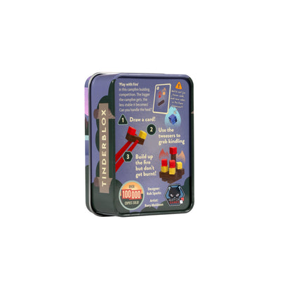 Tinderblox game tin showing rules for building a fire stack using colored blocks and tweezers