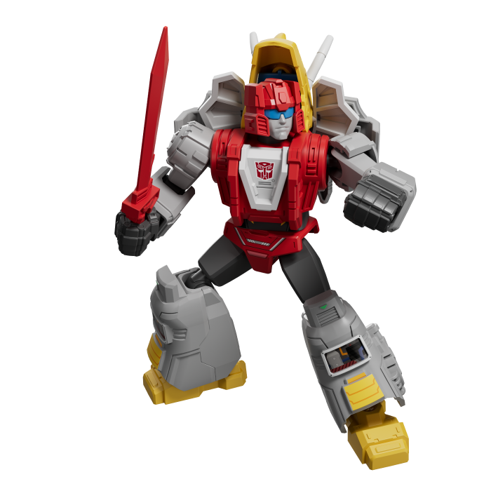 Transformers Legacy Evolution Leader Class Slag action figure in red and gray with yellow accents holding a red sword