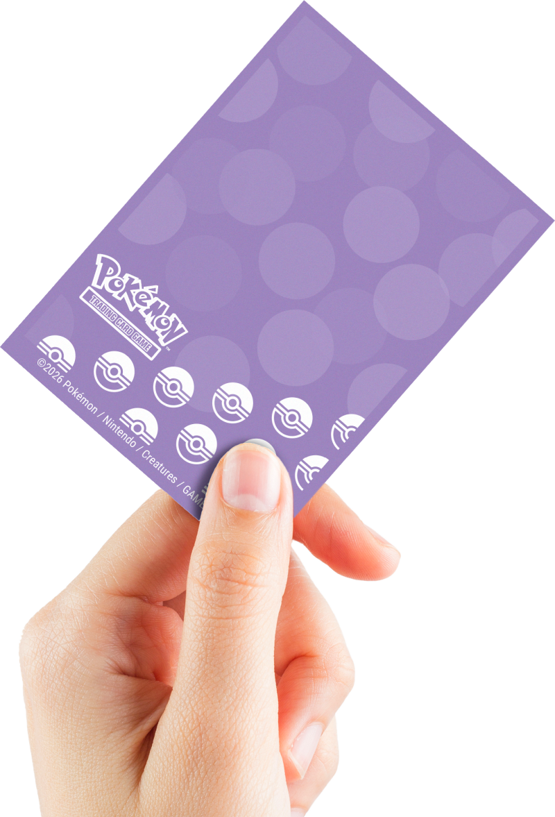 Pokémon TCG card sleeve held by a hand, showing the logo and Poké Ball icons