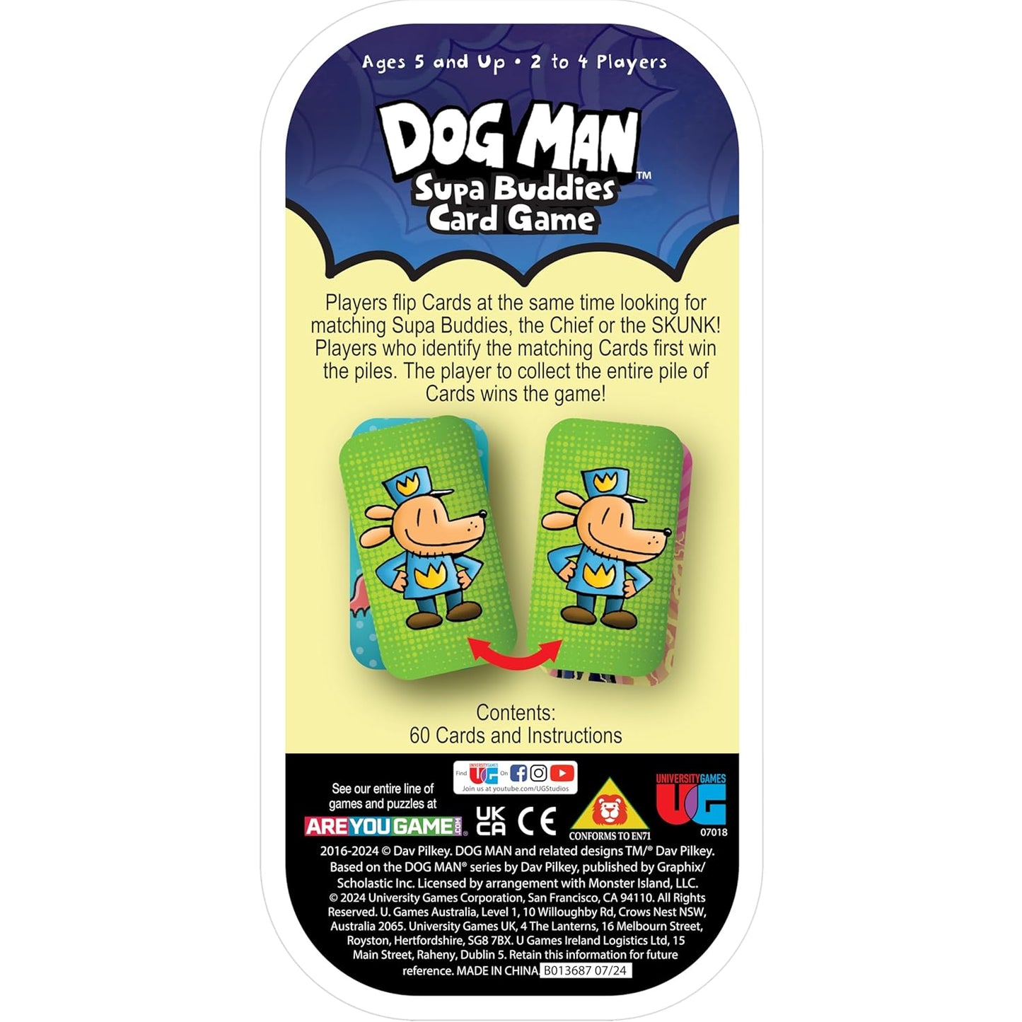 Dog Man Supa Buddies Card Game packaging back, featuring game rules and an illustration of the Dog Man character on two card piles