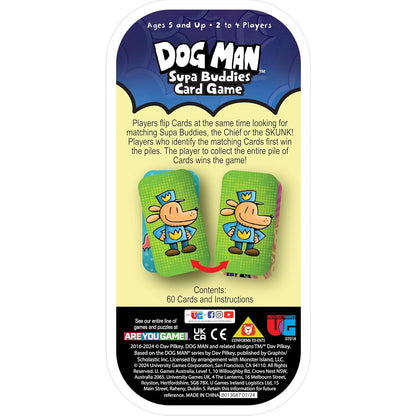 Dog Man Supa Buddies Card Game packaging back, featuring game rules and an illustration of the Dog Man character on two card piles