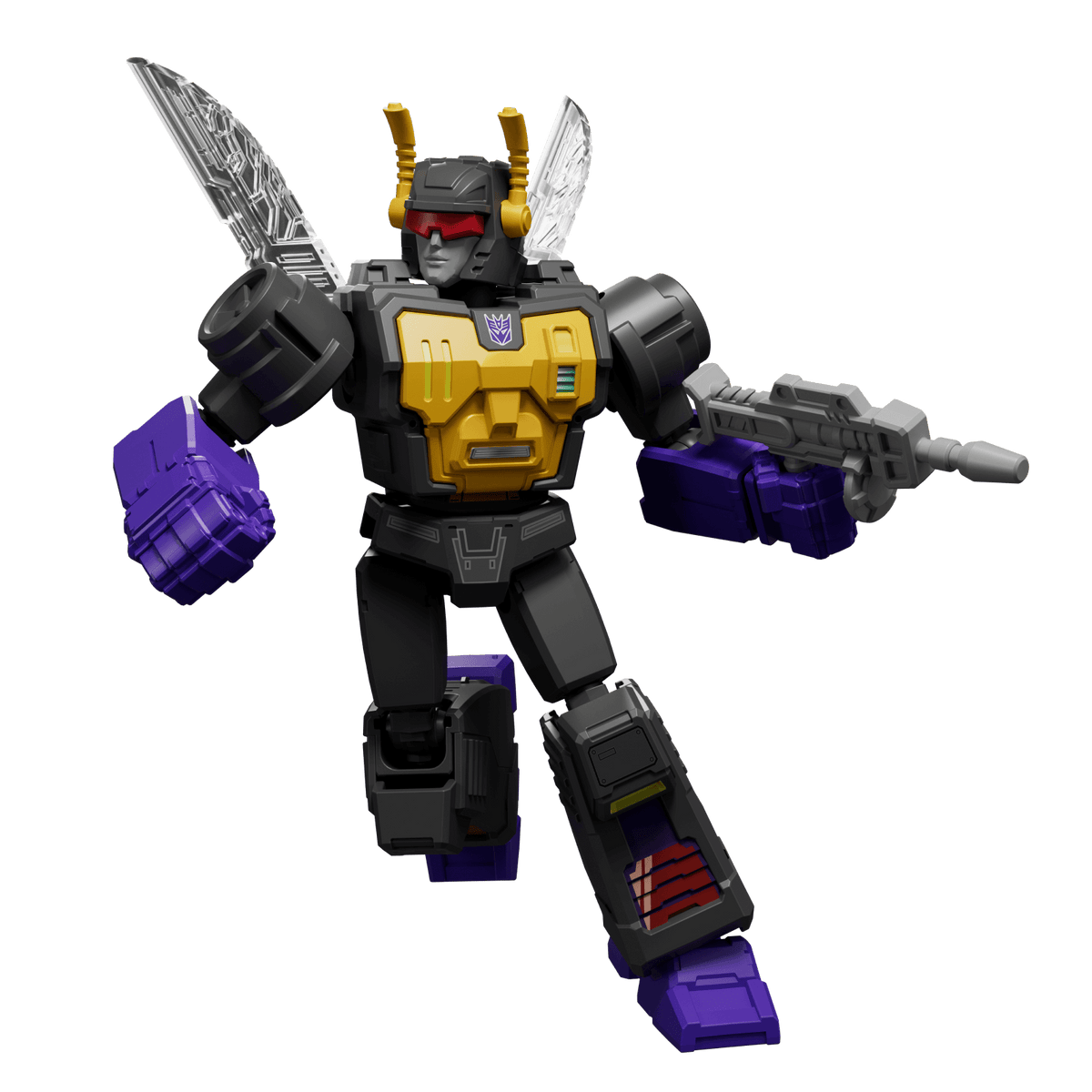 Transformers legacy shrapnel figure black and yellow robot mode with clear wings purple hands and feet holding a gray gun