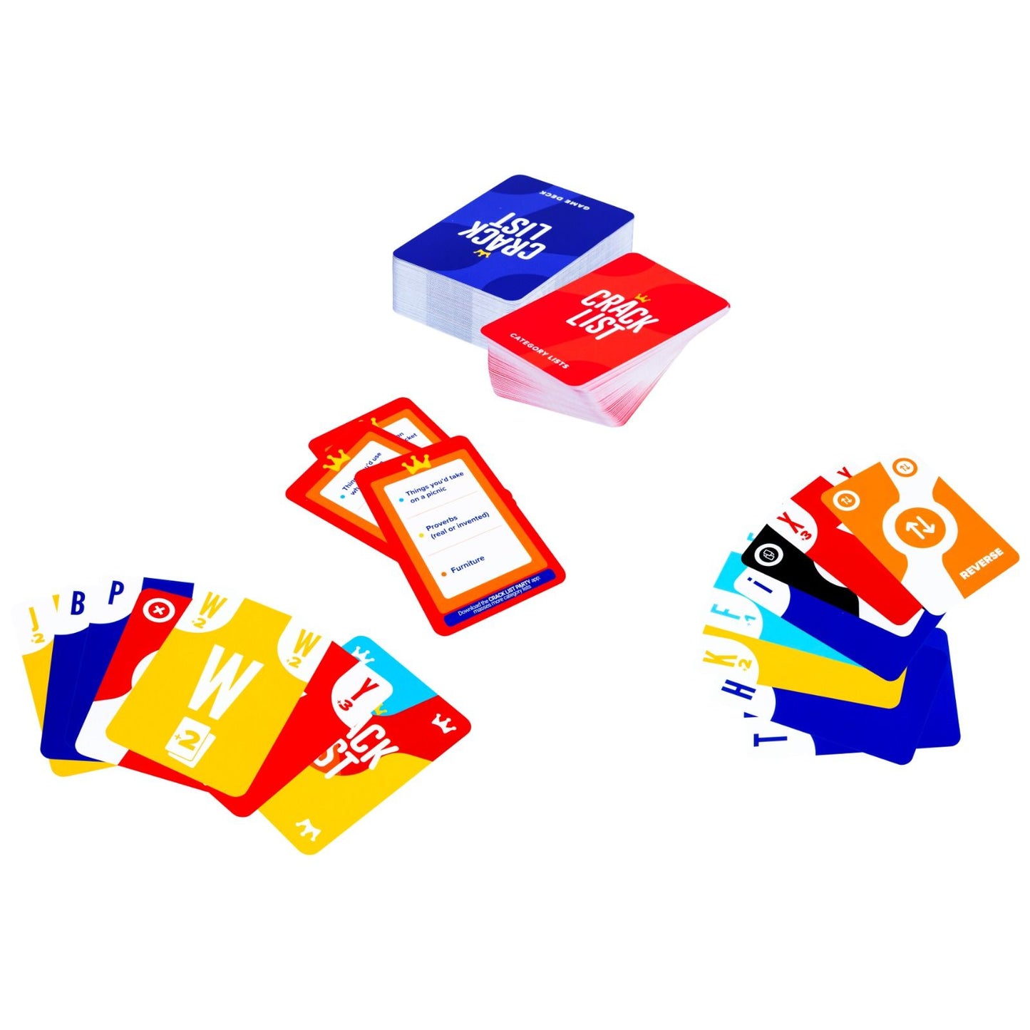 Crack List card game set with blue game deck, red category deck, and scattered colourful letter and action playing cards on a white surface