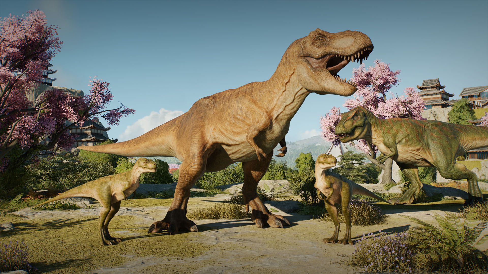 T. Rex family (brown adult, green adult, two juveniles) among pink cherry trees and traditional Japanese pagodas under a blue sky