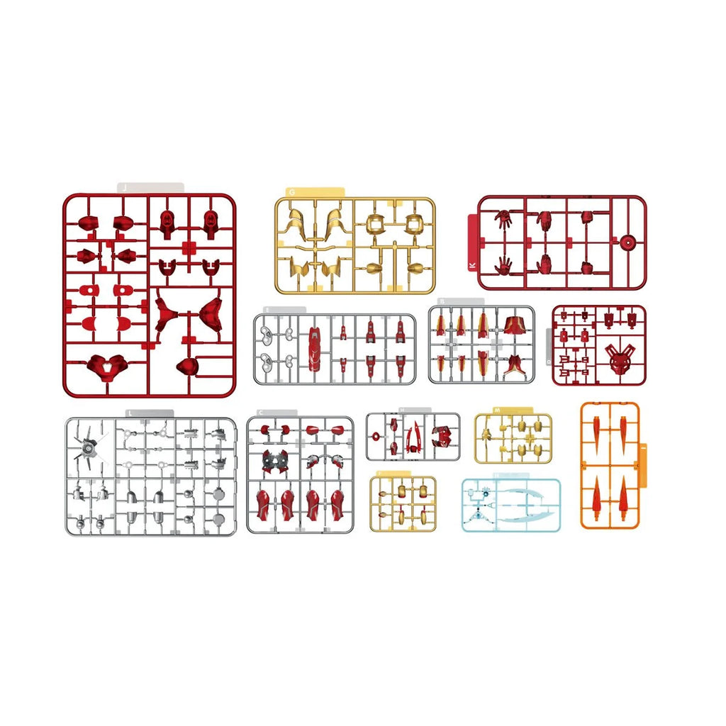 Several multi-colored runners (sprues) holding pieces for a red and gold plastic action model kit