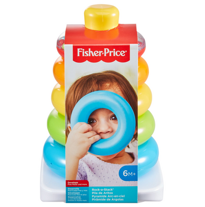Fisher-Price Rock-a-Stack toy -  colorful stacking rings -  packaging shows a baby peering through a blue ring