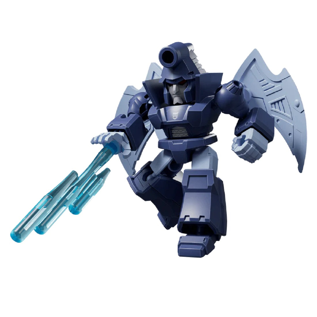 Dark blue Megatron stylized figure with wings and head cannon, wielding a glowing blue sword