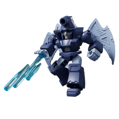 Dark blue Megatron stylized figure with wings and head cannon, wielding a glowing blue sword