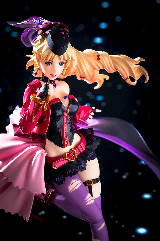 Anime figure of a woman in a red jacket black corset pink skirt and purple stockings