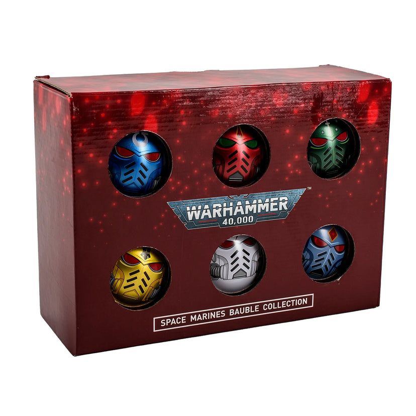 Red box displaying six colourful Warhammer 40,000 Space Marines helmet baubles