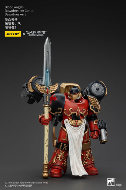 Red and black Blood Angels action figure (Dawnbreaker 2) in Terminator armor, holding a ceremonial spear