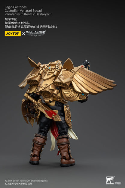 Legio Custodes Venatari action figure in ornate gold armor with large wings and a jump pack, viewed from the back