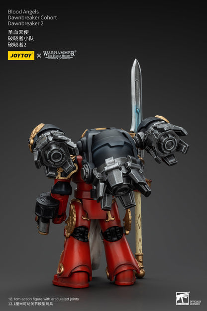 Red Warhammer Blood Angels Space Marine action figure, rear view, featuring heavy weapons pack and sword