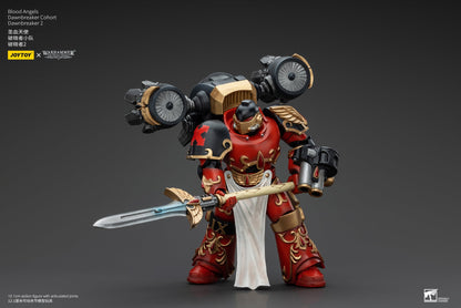 Red and gold Blood Angels Space Marine figure with a jump pack, holding a power glaive and pistol