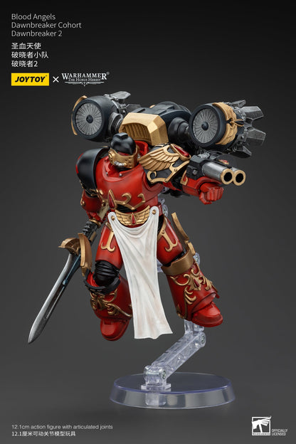 Blood Angels Space Marine action figure in red armor with jump pack, holding a sword and gun in a dynamic pose
