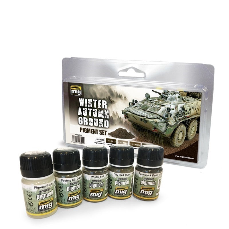 MIG Winter Autumn Ground Pigment Set: five bottles of model weathering pigments, with packaging showing a military vehicle.