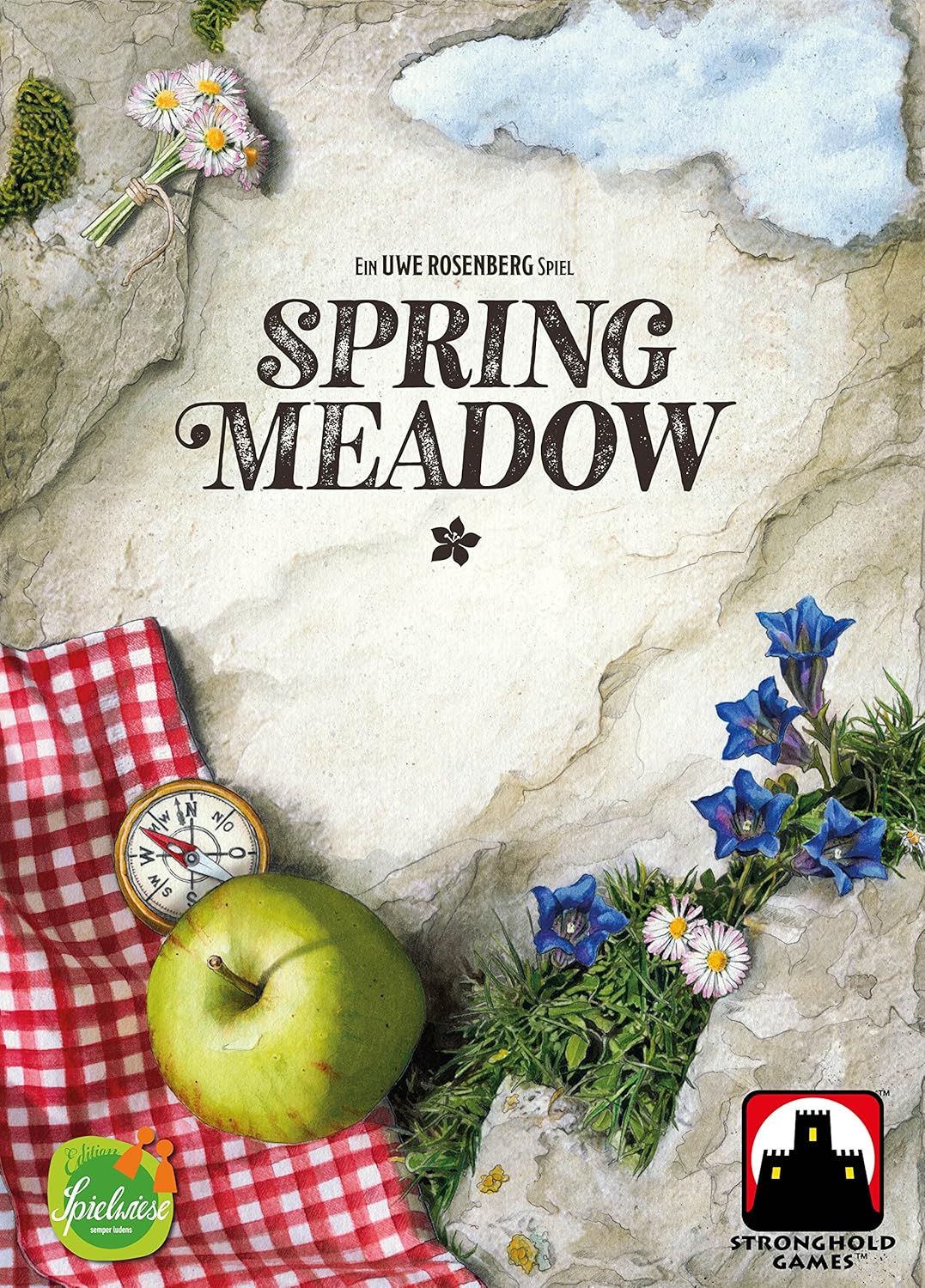 Board Game cover for Spring Meadow: Rocks adorned with daisies and blue flowers, a green apple, compass and red picnic blanket