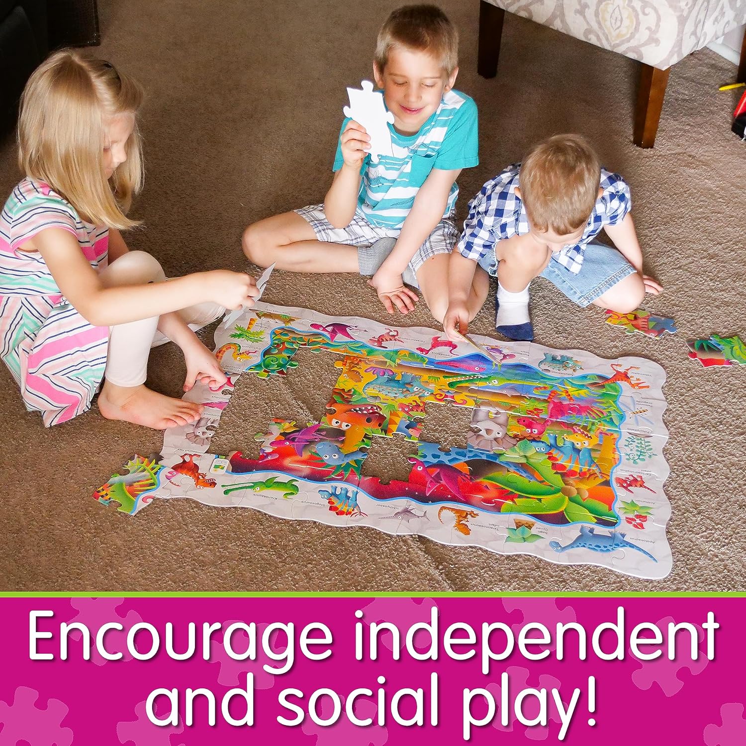 Three children sitting on the floor assembling a large, colorful dinosaur puzzle