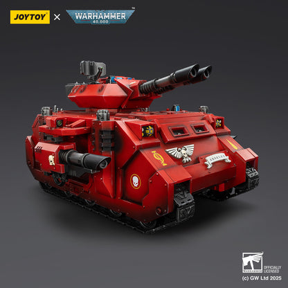 A red, weathered Joytoy Warhammer 40,000 Blood Angels tank model, featuring twin cannons and skull insignia