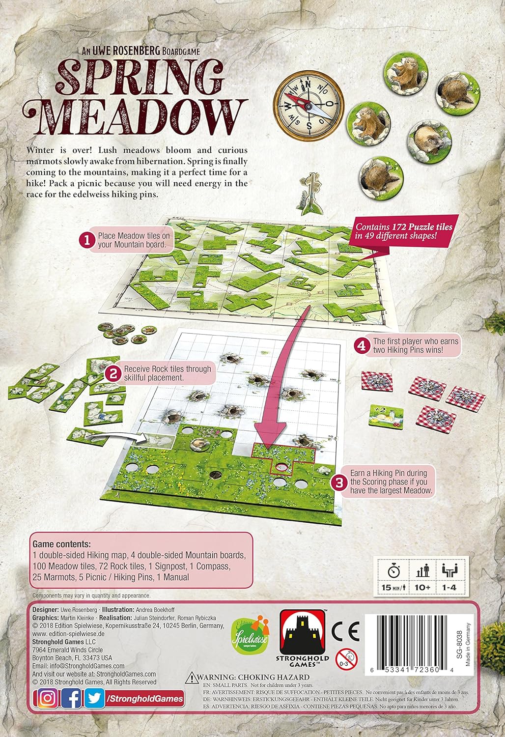 Back of the Spring Meadow board game box, displaying green meadow tiles, marmot tokens and game instructions