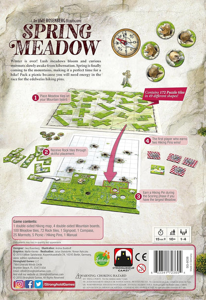 Back of the Spring Meadow board game box, displaying green meadow tiles, marmot tokens and game instructions